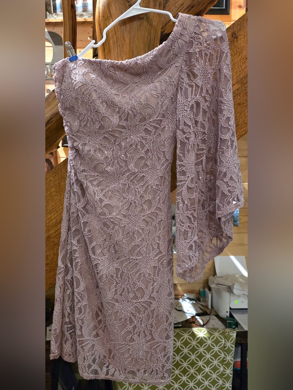 Night Way Collections One-Shoulder Lace Dress in Dusty Rose